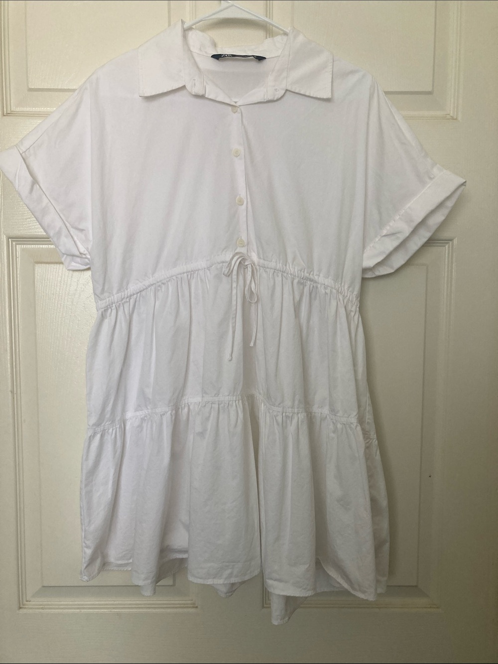 Zara White Tiered Short Sleeve Shirt Dress
